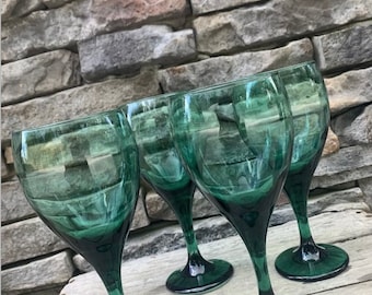 Vintage Libbey Juniper Green Wine Glasses Green Stemware Elegant Water Goblets Green Glass Barware Set of 4, #BINP