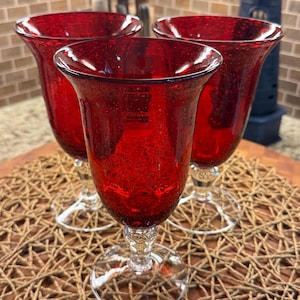 Artland Iris Ruby Red Goblets Iced Tea Bubble Ruby Glass Barware Hand Blown Stemware Red Glasses Set of 3 READ DETAILS