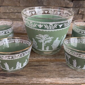 Hellenic Green Jeannette Glass Bar Set, Vintage Barware, Grecian Themed 2 Rocks Glasses 1 Ice Bucket and 2 Sherbet Dishes, Set of 5, #A2