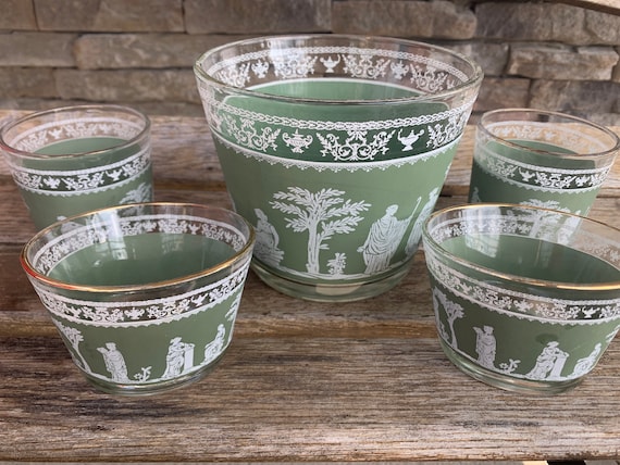Vintage Hellenic Green Jeannette Glass Ice Bucket and Bar Set