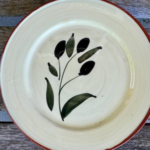 Terracotta Hand Painted Dessert Plate Olive Branch Reading Portugal Base Brown Trim European Tropical Beach Decor Sold Individually