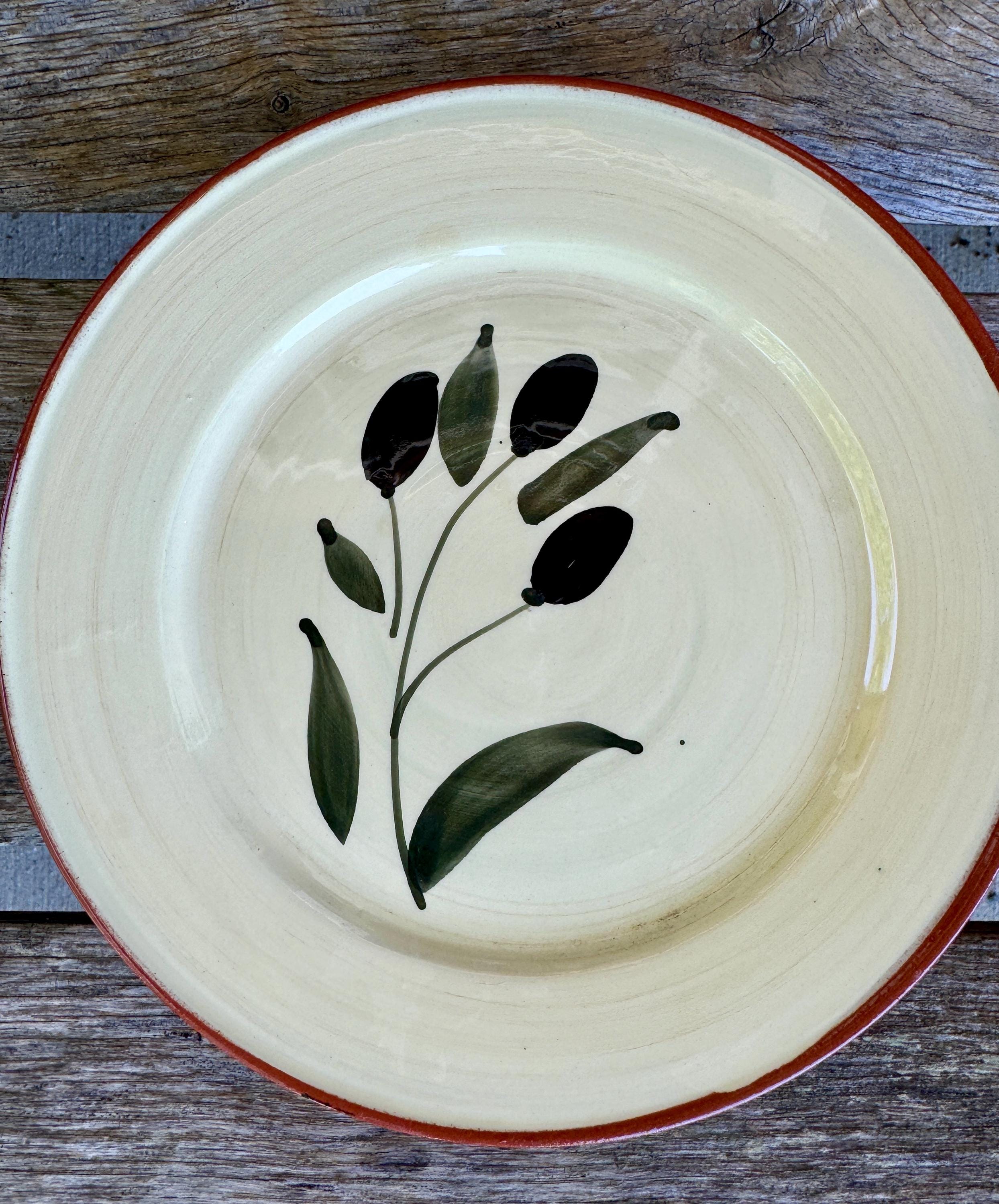 Terracotta Hand Painted Dessert Plate Olive Branch Reading Portugal Base Brown Trim European Tropical Beach Decor Sold Individually