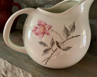 Pottery Ice Lip Pitcher, Pink Rose Gray stem Rosette by Universal Ballerina Farmhouse Decor, 68 oz READ DETAIL