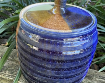 Studio Pottery Canister Whetstone Cobalt Blue Green Brown and Black Glaze Crock Vintage USA Pottery Ribbed Crock #B7F READ DETAIL