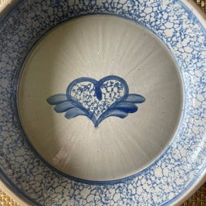 Vintage BBP Beaumont Brothers Cobalt Blue Pottery Pie Plate Hand Painted Flying Heart Pie Plate Spongeware Trim Salt Glaze, #T17