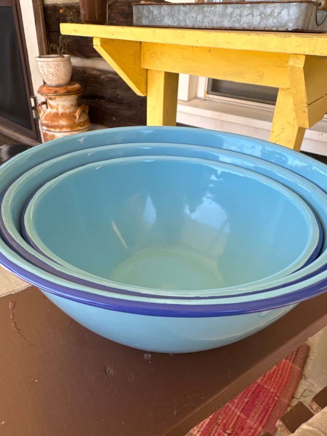 Enamelware Nesting Bowls Nevco Blue Metal Vegetable Serving Bowls Set of 3 T12 READ DETAIL Etsy