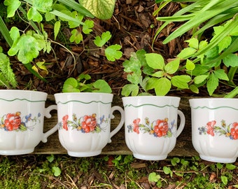 Arcopal Teacups or Coffee Cups White Glass Arcopal France Peony Blossom Vintage Set of 4, #C1