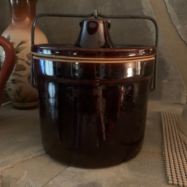 Stoneware Butter Crock Primitive Vintage Tobacco Crock Bale Wire Crock Vintage USA Pottery Canning Jar Brown Glaze Jar #B1B Read Detail