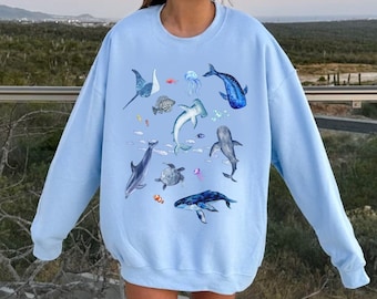 Sea Animal Sweatshirt, Ocean Crewneck, Shark Shirt, Orca, Dolphin, Whale Turtle
