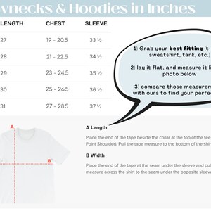 May include: A white t-shirt with a size chart for crewnecks and hoodies, including measurements in inches for length, chest, and sleeve. Instructions are provided for taking measurements to find the perfect fit. The brand logo is visible.