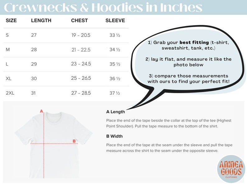 May include: A white t-shirt with a size chart for crewnecks and hoodies, including measurements in inches for length, chest, and sleeve. Instructions are provided for taking measurements to find the perfect fit. The brand logo is visible.