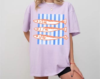 Comfort Colors Sardines Shirt, Coastal Grandma Graphic Tee, Fisherman Aesthetic, Oversized Beach T-Shirts, Cute Summer Shirts for Women