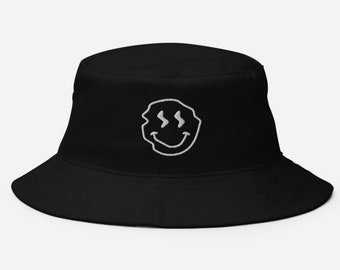 Embroidered Smiley Face Bucket Hat Trippy Smiley Face Hat Smiley Face Hat Black Bucket Hat Smiley Bucket Hat Face Bucket Hats Cute Bucket