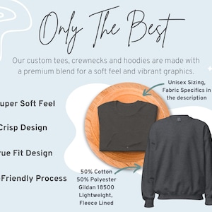 May include: A dark gray crewneck sweatshirt with long sleeves and a ribbed collar, cuffs, and hem. The text reads: Only The Best, Super Soft Feel, Crisp Design, True Fit Design, Eco-Friendly Process, Unisex Sizing, 50% Cotton 50% Polyester.
