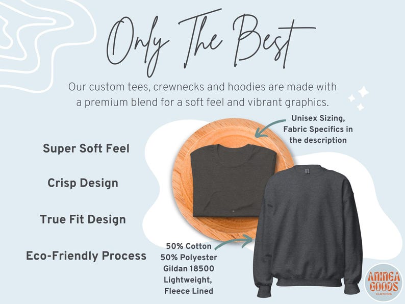 May include: A dark gray crewneck sweatshirt with long sleeves and a ribbed collar, cuffs, and hem. The text reads: Only The Best, Super Soft Feel, Crisp Design, True Fit Design, Eco-Friendly Process, Unisex Sizing, 50% Cotton 50% Polyester.