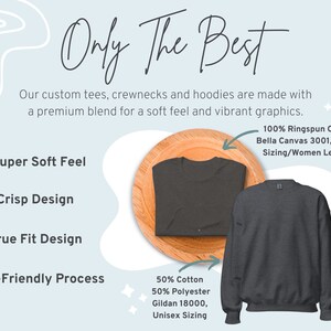 May include: Image features a dark gray crewneck sweatshirt and a gray t-shirt on a wooden plate. Text reads "Only The Best" and highlights features like "Super Soft Feel" and "Crisp Design." The image also includes fabric details and the brand logo.