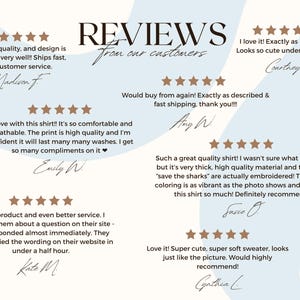 May include: A graphic featuring customer reviews with five-star ratings and handwritten testimonials. The text includes phrases like "very good quality" and "exactly as pictured." The brand logo "ANINGA GOODS CLOTHING" is in the bottom right corner.