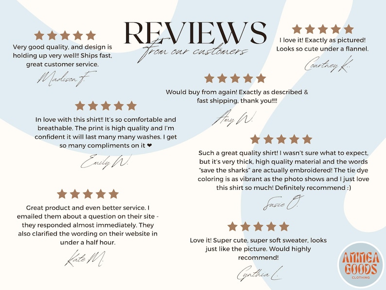 May include: A graphic featuring customer reviews with five-star ratings and handwritten testimonials. The text includes phrases like "very good quality" and "exactly as pictured." The brand logo "ANINGA GOODS CLOTHING" is in the bottom right corner.
