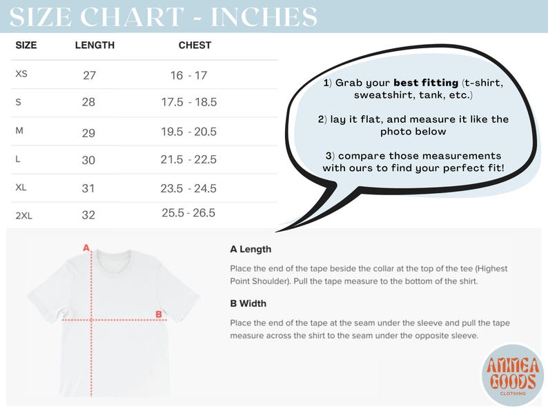 May include: Size chart in inches for t-shirts, sweatshirts, and tanks. Includes measurements for length and chest sizes from XS to 2XL. Instructions on how to measure a shirt are also provided.