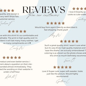 May include: Reviews from customers about a blue and white shark graphic t-shirt. The reviews highlight the quality, comfort, and fast shipping of the shirt. The text "Save the Sharks" is embroidered on the shirt.