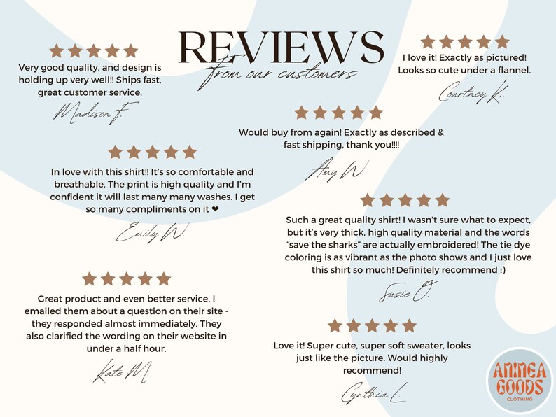 May include: Image of customer reviews for a clothing item. The reviews are written in cursive and include star ratings. The text includes phrases like "very good quality" and "exactly as pictured". The brand name "Ammea Goods Clothing" is visible.