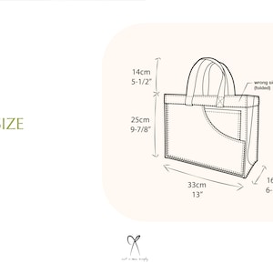 May include: Line drawing of a tote bag with a pocket on the front. The bag is 13 inches wide, 9 7/8 inches tall, and 6 3/8 inches deep. The bag has a 5 1/2 inch handle.