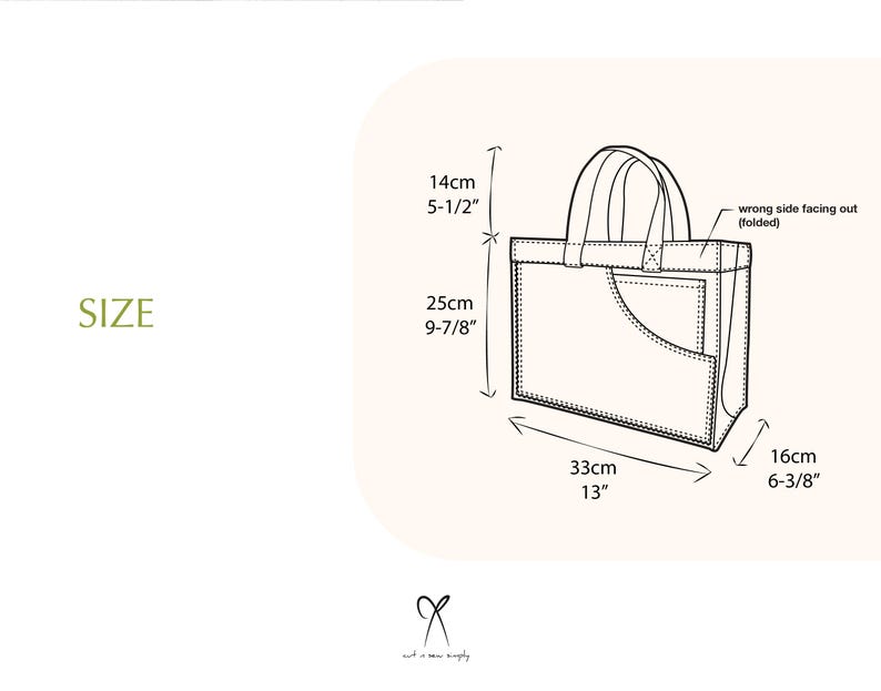 May include: Line drawing of a tote bag with a pocket on the front. The bag is 13 inches wide, 9 7/8 inches tall, and 6 3/8 inches deep. The bag has a 5 1/2 inch handle.