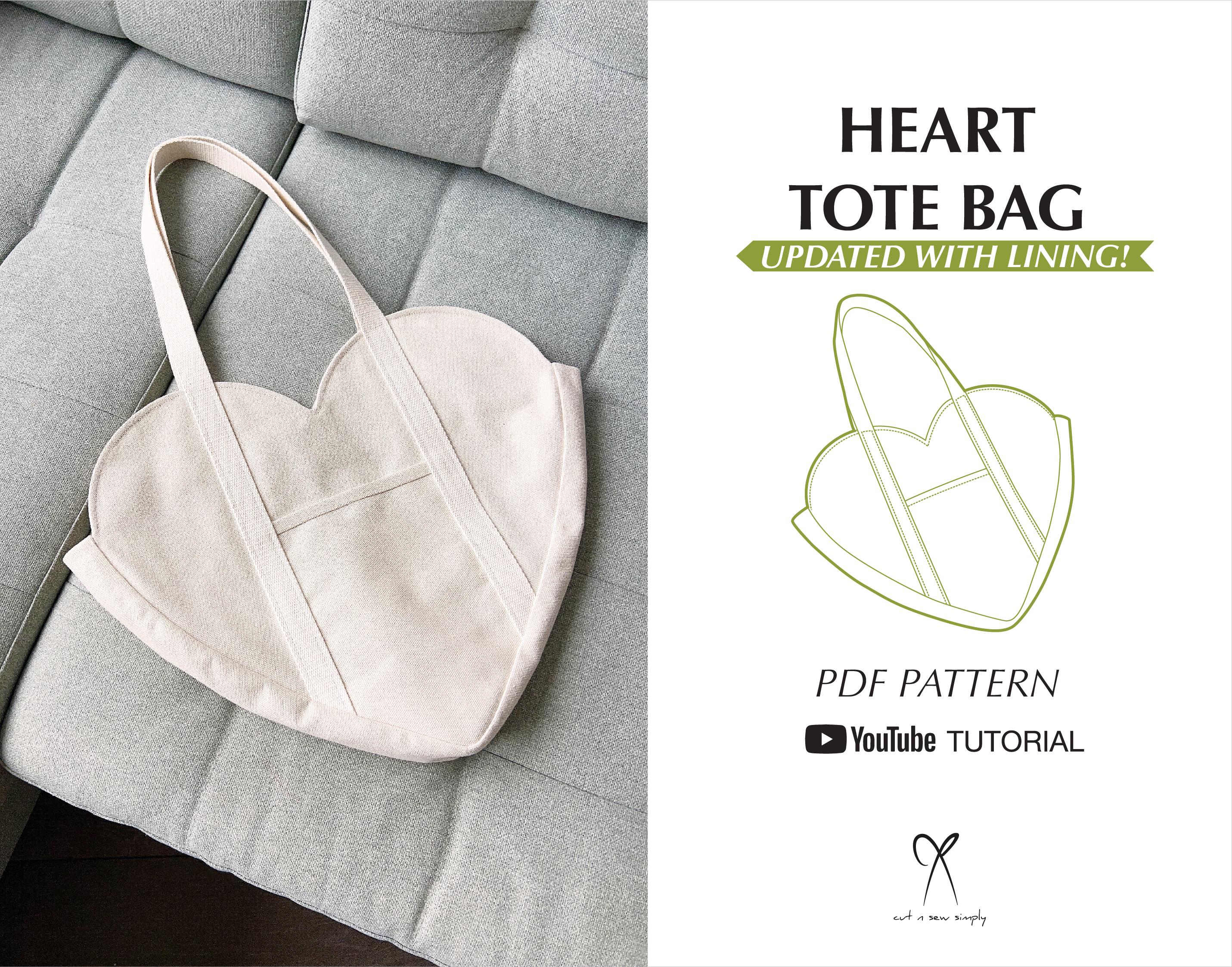 Heart Shaped Tote Bag Sewing Pattern PDF Printable Instant Download DIY One Size