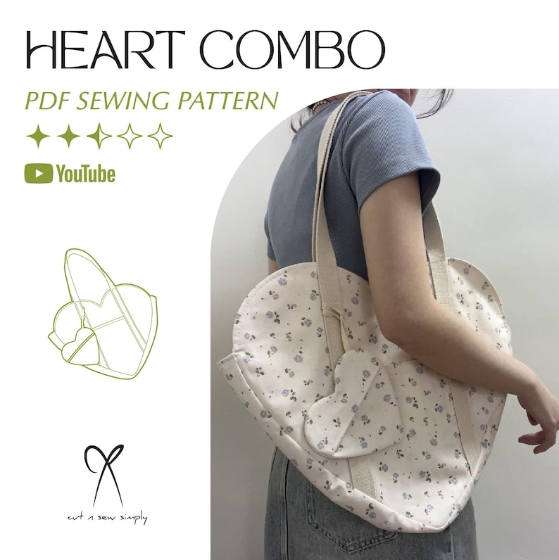K&ouml;nnte beinhalten: Eine herzf&ouml;rmige Tragetasche mit einem floralen Muster in Hellblau und Wei&szlig;. Die Tasche hat cremefarbene Tr&auml;ger und eine passende Tasche. Der Text auf dem Bild lautet "HEART COMBO PDF SEWING PATTERN" und "cut n sew simply".