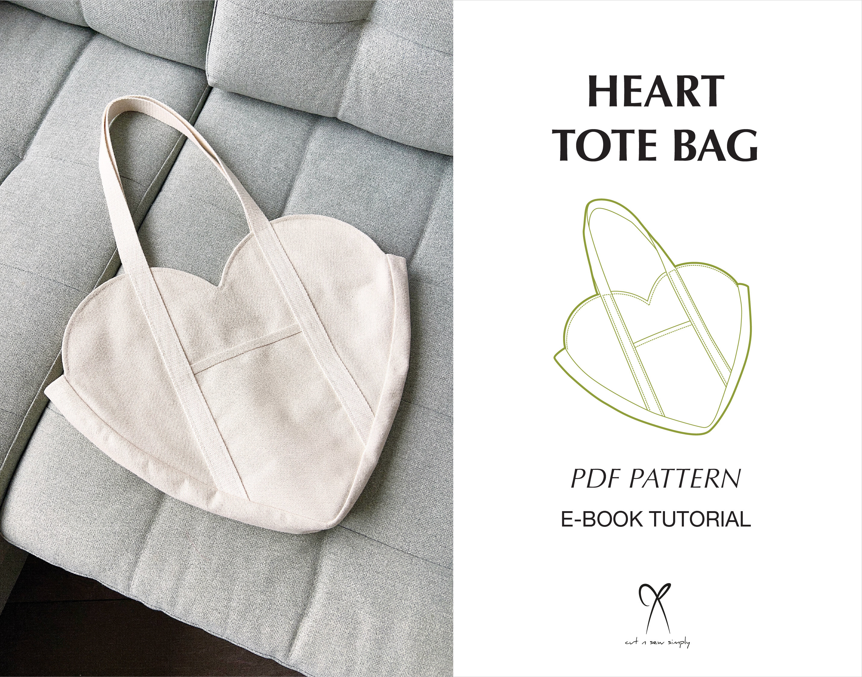 Heart Shaped Tote Bag Pattern Sewing PDF Printable Instant Download  Beginner Level DIY One Size 