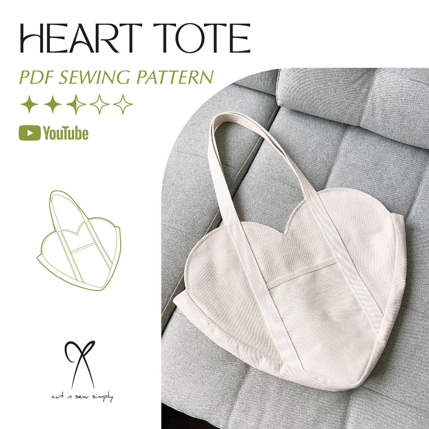 Heart Shaped Tote Bag Sewing Pattern PDF Printable Instant