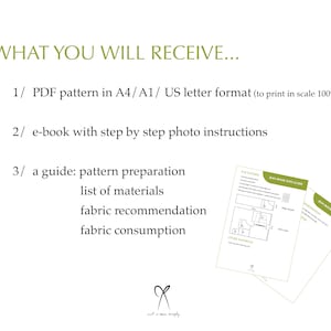 May include: What you will receive: a PDF pattern in A4/A1/US letter format, an e-book with step-by-step photo instructions, and a guide with pattern preparation, a list of materials, fabric recommendations, and fabric consumption.