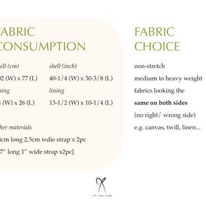 May include: Fabric consumption and choice guide for a sewing project. The guide includes measurements in inches and centimeters for the shell and lining of the project. It also lists the materials needed, including straps. The fabric choice section recommends non-stretch, medium to heavy weight fabrics that look the same on both sides, such as canvas, twill, or linen.