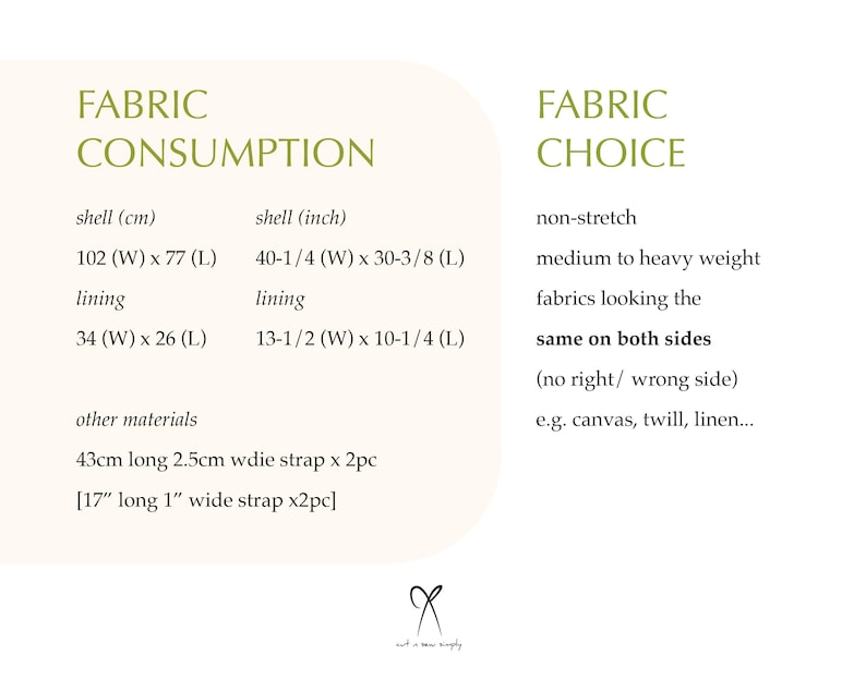 May include: Fabric consumption and choice guide for a sewing project. The guide includes measurements in inches and centimeters for the shell and lining of the project. It also lists the materials needed, including straps. The fabric choice section recommends non-stretch, medium to heavy weight fabrics that look the same on both sides, such as canvas, twill, or linen.
