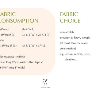May include: Fabric consumption and choice guide for a sewing project.  The guide includes measurements in inches and centimeters for the shell and lining.  It also includes a recommendation for non-stretch medium to heavy weight fabric, such as denim, canvas, twill, or pleather.