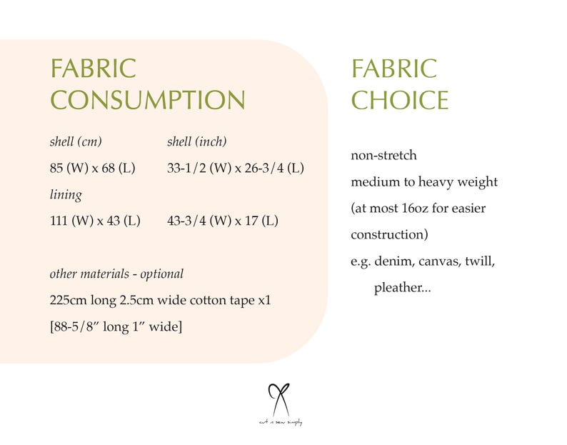 May include: Fabric consumption and choice guide for a sewing project.  The guide includes measurements in inches and centimeters for the shell and lining.  It also includes a recommendation for non-stretch medium to heavy weight fabric, such as denim, canvas, twill, or pleather.