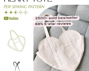 Heart Shaped Tote Bag Sewing Pattern PDF Printable Instant Download DIY One Size Original Design
