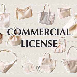 Op de afbeelding: Een verzameling van 11 verschillende stijlen witte canvas tassen, waaronder tote bags, pouches en trekkoordtassen. De tekst "COMMERCIAL LICENSE" wordt weergegeven in zwarte letters op een beige achtergrond.