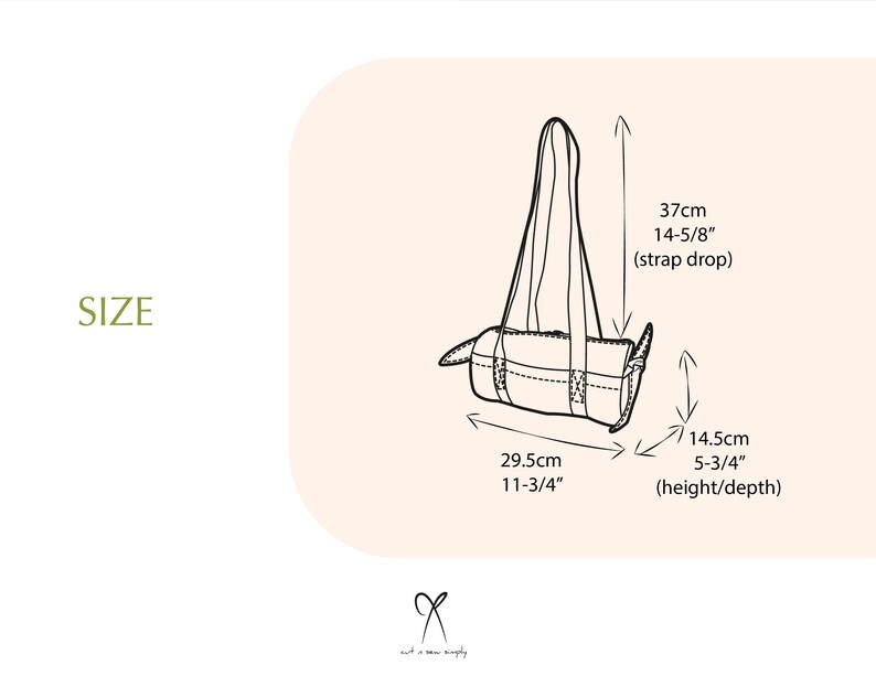 May include: A black and white line drawing of a tote bag with a strap drop of 14-5/8 inches and a height/depth of 5-3/4 inches. The bag is 11-3/4 inches wide.