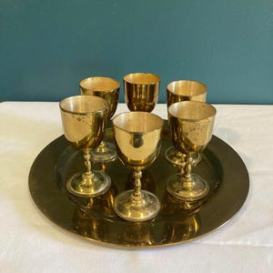 Vintage Solid Brass Goblet Set with Tray – 6 Small Cups & Serving Tray R Albanez