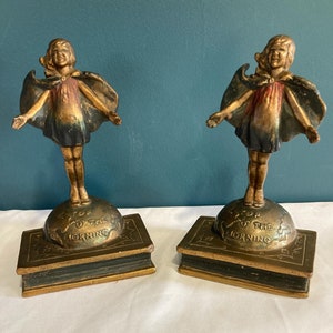 Antique Pompeian Bronze Bookends Laura Archibald 1920 Top O&#39; The Morning Girl, Set of 2