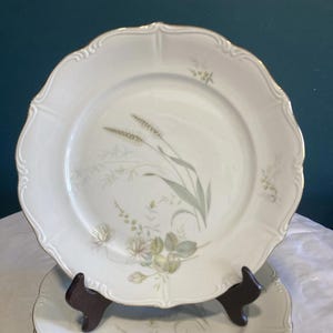 May include: White porcelain plates with a scalloped edge and a gold trim. Each plate features a delicate floral and wheat design in soft green and gray tones. A stack of plates is visible, suggesting a set.