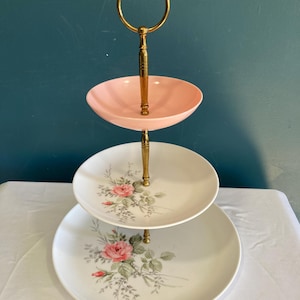Mid-Century 3-Tiered Pink Roses Server With Brass Handle