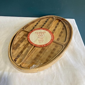 Vintage Midcentury bamboo tray set in original packaging, set of 5