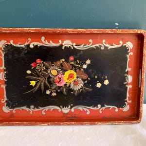 Antique Painted Wood Tray with Flowers
