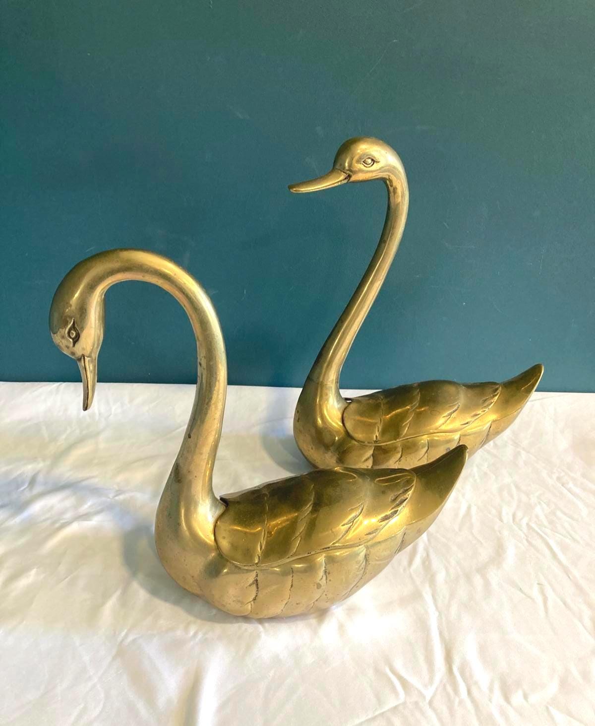 Large Vintage Brass Swan Figurines - Hollywood Regency Mid-Century Modern Set Of 2