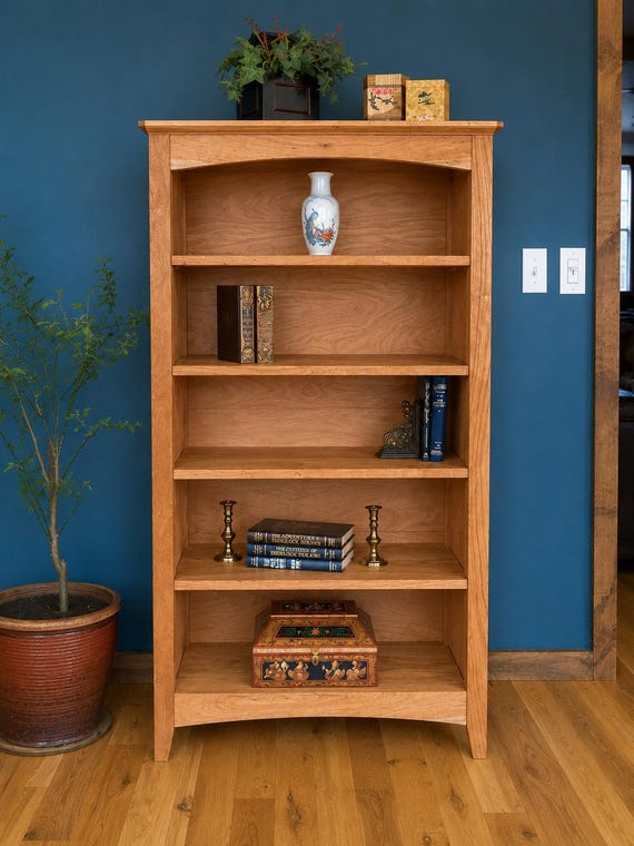 Handmade Solid Cherry Wood Shaker Bookcase, 5 Shelf Bookshelf