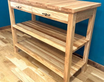 Handmade Solid Oak Butcher Block Kitchen Island, Custom Hardwood Prep Table, Farmhouse Kitchen Furniture