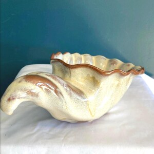 Vintage Studio Pottery Shell Bowl with Curved Handle | Retro Glazed Pottery