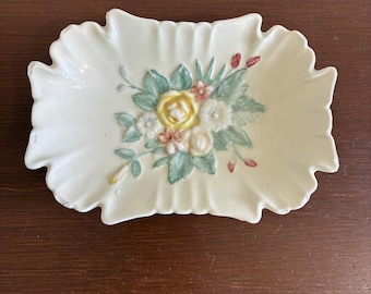 Vintage Ceramic Soap Dish Raised Yellow Rose Floral Scalloped Tray Vanity Decor